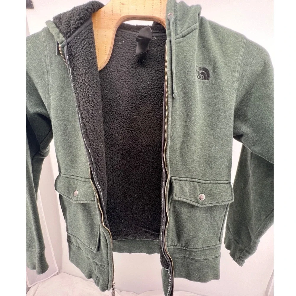 The North Face Boys Fleece‎ Lined Full Zip Hoodie Green Sherpa Hooded Jacket S